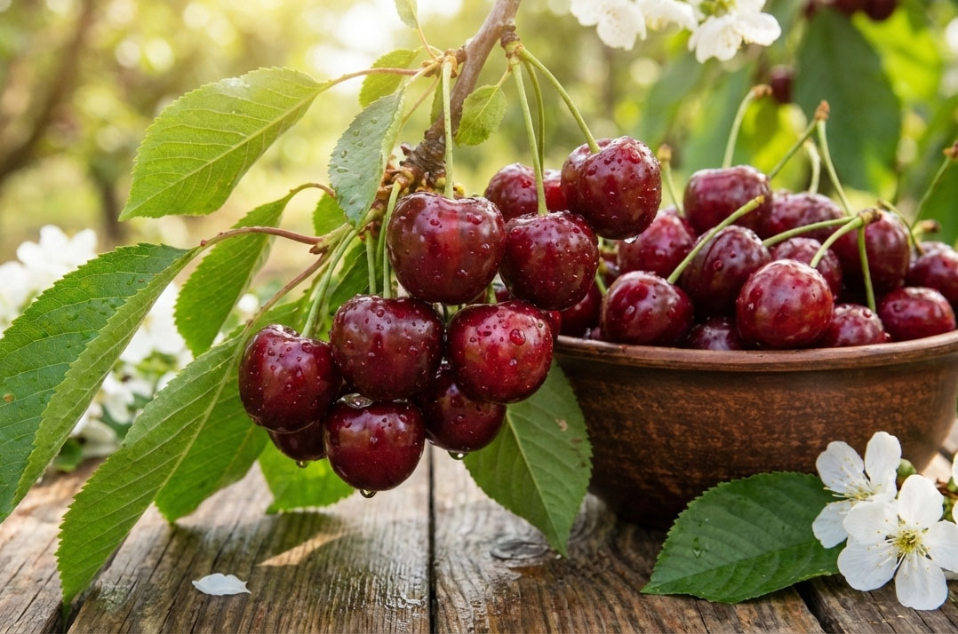 Buah Ceri Merah Mengkilap di Pot