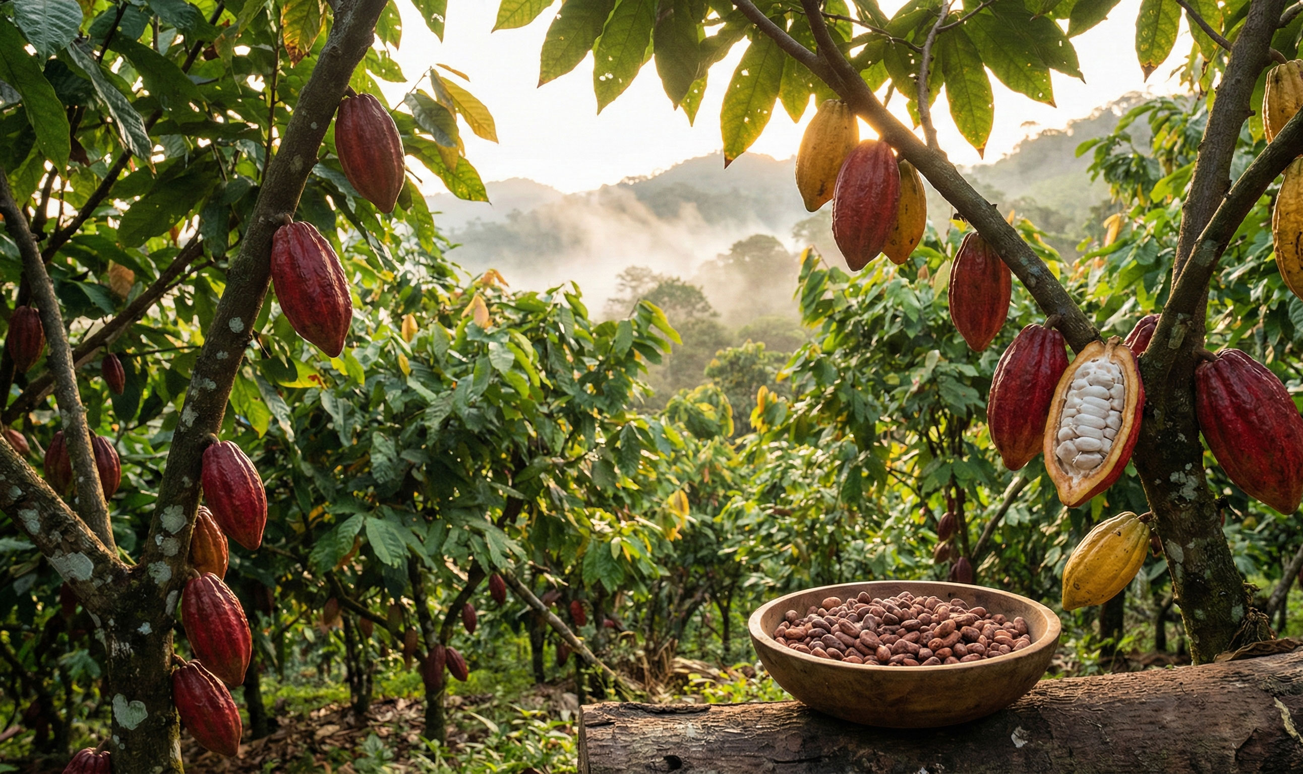 Buah Kakao Merah dan Kuning Bergelantungan